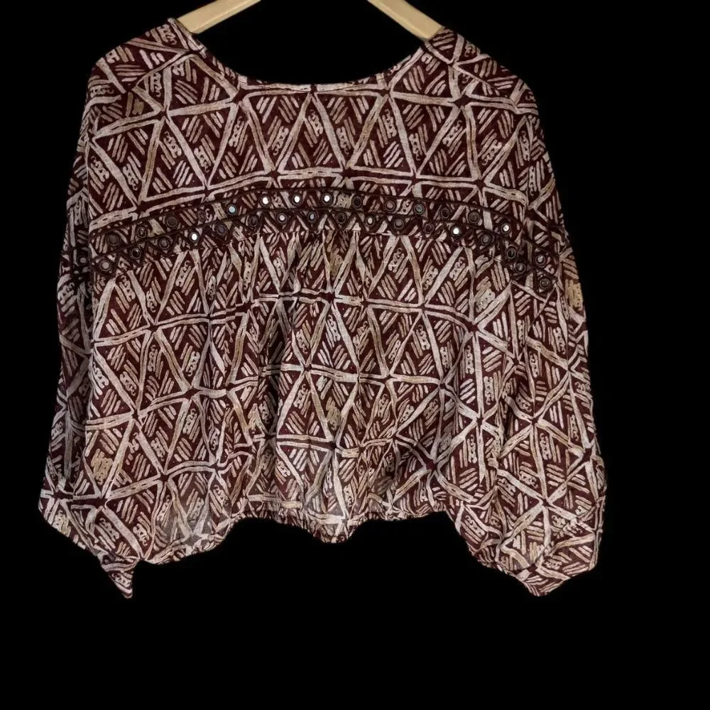Free People Waverly‎ Women's Brown Batik Print Slouchy Crop Blouse Sz S